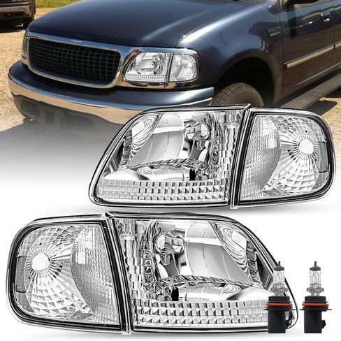 JSBOYAT 4pcs Headlight Assembly Headlamp with Corner Light For 97-03 Ford F-150 04 Ford F150 Heritage 97-02 Ford Expedition 97-99 F250, Chrome Housing with Clear Reflector in Kuwait