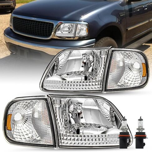 JSBOYAT 4pcs Headlight Assembly Headlamp with Corner Light For 97-03 Ford F-150 04 Ford F150 Heritage 97-02 Ford Expedition 97-99 F250, Chrome Housing with Clear Reflector in Kuwait