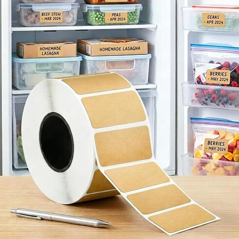 800pcs/roll Freezer Labels, 1 * 0.6in Brown Paper Decals Food Storage Stickers, Waterproof Writable Tag Decals Jar Labels for Kitchen Organization, Home Moving & Garage Sale (Square Kraft Paper) in Kuwait