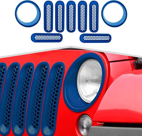 9 قطع شبكية شبكية مع غطاء أمامي مناسب لسيارة Jeep Wrangler JK 2007-2018 - إكسسوارات خارجية للشواية الأمامية وحلقة المصباح الأمامي، طقم تزيين على الطراز الشبكي in Kuwait