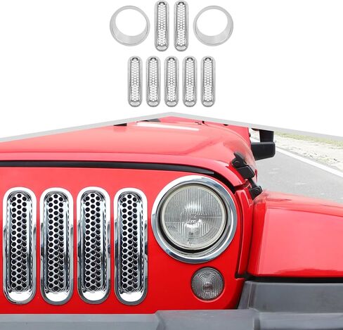 9 قطع شبكية شبكية مع غطاء أمامي مناسب لسيارة Jeep Wrangler JK 2007-2018 - إكسسوارات خارجية للشواية الأمامية وحلقة المصباح الأمامي، طقم تزيين على الطراز الشبكي in Kuwait