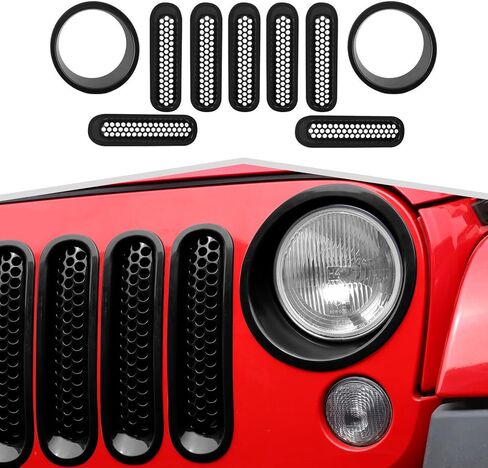 9 قطع شبكية شبكية مع غطاء أمامي مناسب لسيارة Jeep Wrangler JK 2007-2018 - إكسسوارات خارجية للشواية الأمامية وحلقة المصباح الأمامي، طقم تزيين على الطراز الشبكي in Kuwait