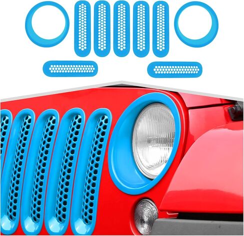 9 قطع شبكية شبكية مع غطاء أمامي مناسب لسيارة Jeep Wrangler JK 2007-2018 - إكسسوارات خارجية للشواية الأمامية وحلقة المصباح الأمامي، طقم تزيين على الطراز الشبكي in Kuwait
