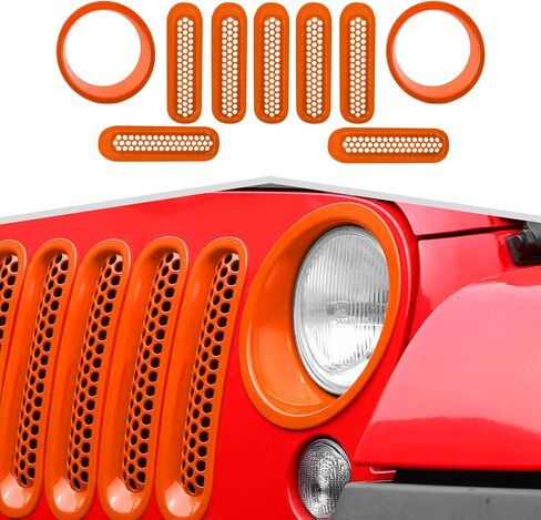 9 قطع شبكية شبكية مع غطاء أمامي مناسب لسيارة Jeep Wrangler JK 2007-2018 - إكسسوارات خارجية للشواية الأمامية وحلقة المصباح الأمامي، طقم تزيين على الطراز الشبكي in Kuwait