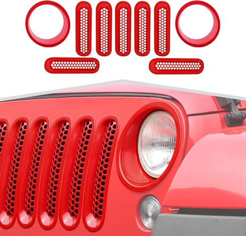 9 قطع شبكية شبكية مع غطاء أمامي مناسب لسيارة Jeep Wrangler JK 2007-2018 - إكسسوارات خارجية للشواية الأمامية وحلقة المصباح الأمامي، طقم تزيين على الطراز الشبكي in Kuwait