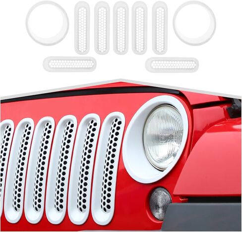 9 قطع شبكية شبكية مع غطاء أمامي مناسب لسيارة Jeep Wrangler JK 2007-2018 - إكسسوارات خارجية للشواية الأمامية وحلقة المصباح الأمامي، طقم تزيين على الطراز الشبكي in Kuwait
