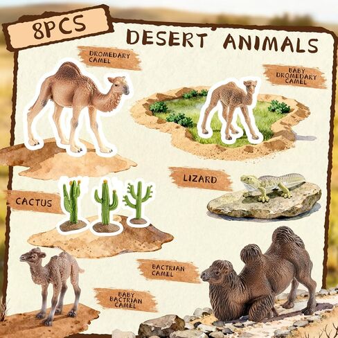 8PCS Realistic Desert Animal Figures Playset, Plastic Camel Toys, Cactus Figurines & Reptile Toys for Kids 3-5, Perfect for Diorama Supplies, Toddler Boy Toy, Cake Toppers in Saudi Arabia