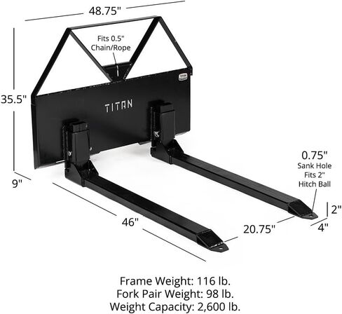 ملحق إطار شوكة البليت من Titan Attachments، شفرات شوكة ضخمة مقاس 46 بوصة مع فتحة كرة وصلة، ومثبت مشبك سلسلة، ونظام تثبيت سريع للانزلاق عالمي، سعة تحميل تبلغ 2600 رطل in Kuwait