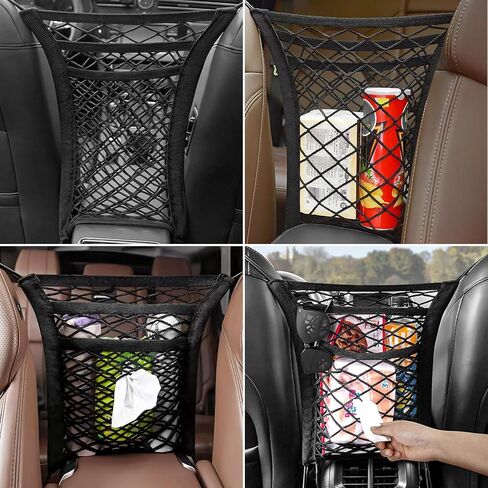 3-Layer Car Mesh Organizer, Elastic Cargo Tissue Purse Holder Auto Net Barrier Between Front Seats, Storage Netting Pouch Seat Back Mesh Pocket for Most Cars Trucks SUVs in Kuwait
