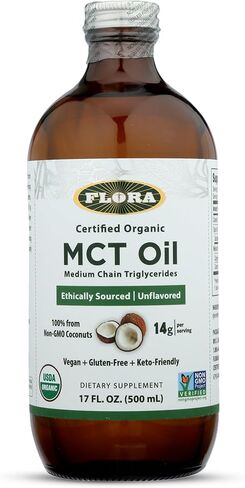زيت Flora Health MCT لتعزيز الطاقة العضوية، C8 كابريليك وC10 أحماض الكابريك، كيتو، موافق للشريعة اليهودية، غير معدّل وراثيًا تم التحقق منه، 100% من جوز الهند من مصادر أخلاقية ومستدامة، 8.5 أونصة سائلة، زجاجة زجاجية in Kuwait