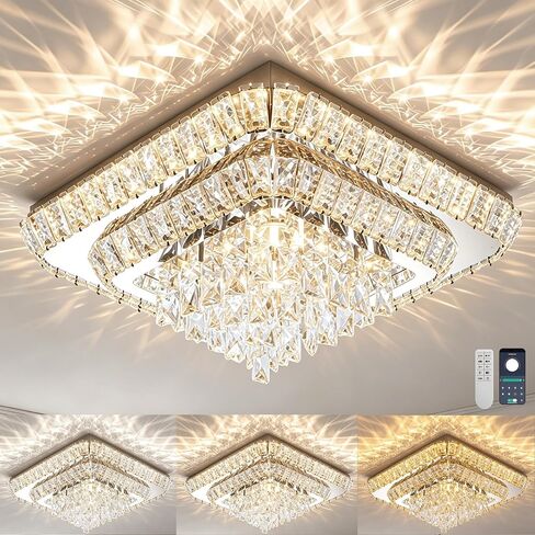 Elegant LED Crystal Raindrop Ceiling Light, 24 in Square Flush Mount Chandelier with Remote for Living Room Kitchen Island Bedroom Hallway Entryway Foyer (Dimmable) in Saudi Arabia