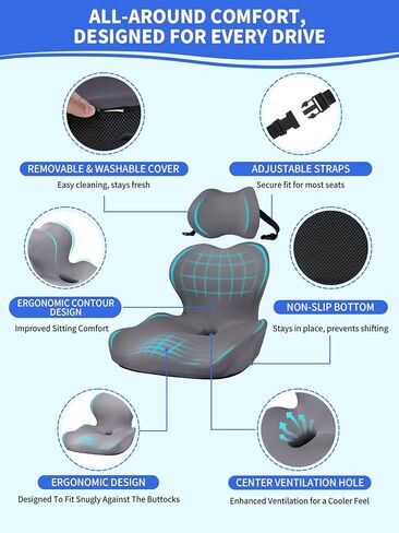 Nicecastle 3-in-1 Truck Seat Cushion Headrest Set Ergonomic Memory Foam Car Seat Cushion with Adjustable Straps Hip Back Head Support for Long Driving Semi Truck Car Office Wheelchair in Saudi Arabia