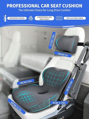 Nicecastle 3-in-1 Truck Seat Cushion Headrest Set Ergonomic Memory Foam Car Seat Cushion with Adjustable Straps Hip Back Head Support for Long Driving Semi Truck Car Office Wheelchair in Saudi Arabia