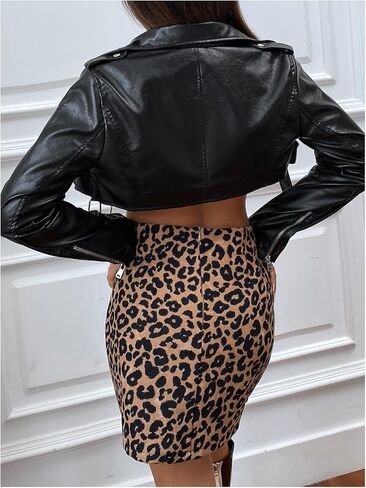 Women's Motorcycle Bomber Jacket Zip Up Long Sleeve Cropped Jacket Outwear in Kuwait