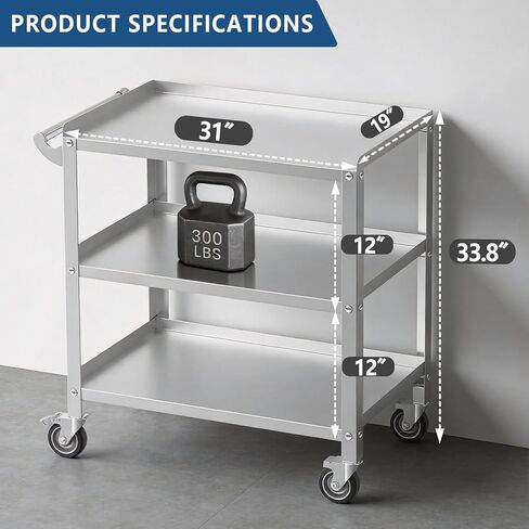 Stainless Steel Utility Cart 3 Tier - Heavy Duty Rolling Cart with Silent Wheels & Handle, Commercial Food Storage Trolley for Kitchen Restaurant Hospital Lab and Home, 19″L x 31″W x 34″H in Saudi Arabia