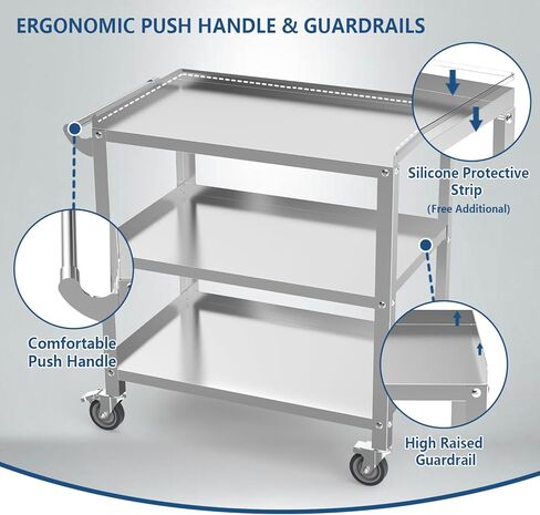 Stainless Steel Utility Cart 3 Tier - Heavy Duty Rolling Cart with Silent Wheels & Handle, Commercial Food Storage Trolley for Kitchen Restaurant Hospital Lab and Home, 19″L x 31″W x 34″H in Saudi Arabia