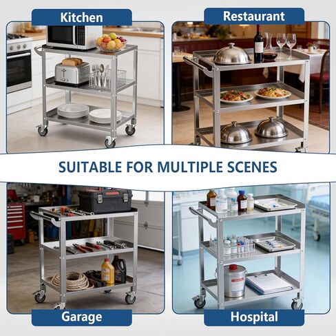 Stainless Steel Utility Cart 3 Tier - Heavy Duty Rolling Cart with Silent Wheels & Handle, Commercial Food Storage Trolley for Kitchen Restaurant Hospital Lab and Home, 19″L x 31″W x 34″H in Saudi Arabia