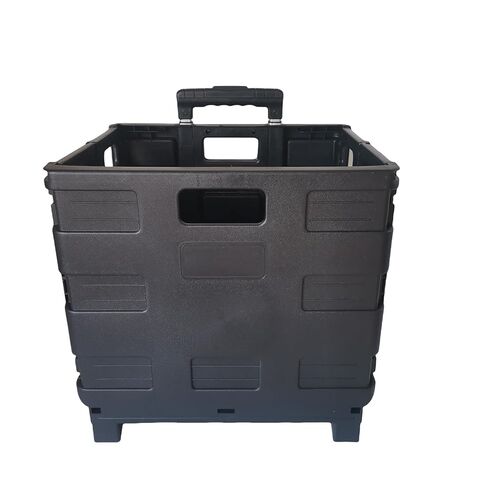 SECO Foldable Rolling Crate Trolley - Heavy-Duty 77LB Plastic Cart with Square Handle for Groceries, Travel & Office Use - Black in Saudi Arabia