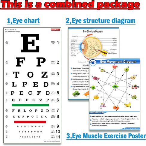 مخطط العين LookVeeT، مخططات العين لامتحانات العين مقاس 11 × 22 بوصة من القماش الكتاني منخفض الرؤية لاختبار العين مع ملصق تمرين عضلات العين in Kuwait