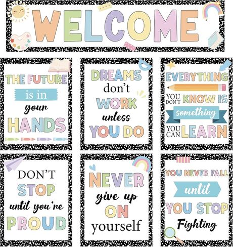 8 Pack Composition Motivational Posters for Classroom Laminated Welcome Inspirational Poster Pastel Positive Classroom Bulletin Board Decorations for Teacher Elementary Middle School Office Home Wall in Kuwait