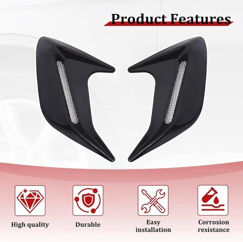 2PCS Car Hood Side Air Vent Trim Cover, Self-Adhesive Scratch-Proof Bonnet Air Vent Engine Hood Scoop Kit, Automotive Exterior Airflow Side Shark Gill Spoiler, Universal for Vehicles (Black) in Kuwait