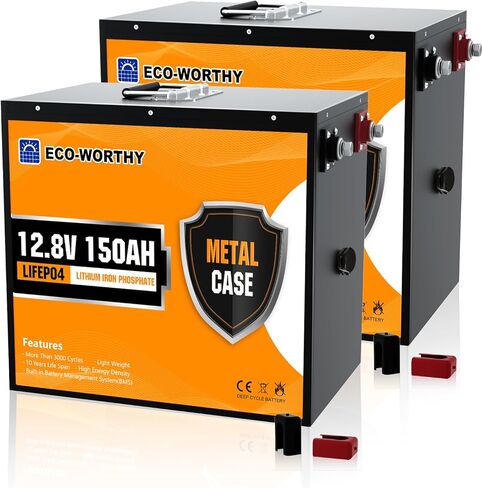 ECO-WORTHY 12V 300AH (عبوتان 150AH) بطاريات ليثيوم RV، حافظة معدنية أكثر أمانًا، بطارية ليثيوم أيون فوسفات LiFePO4 القابلة لإعادة الشحن مع BMS، أيضًا للبطارية البحرية، والمنزل المتنقل، والطاقة الشمسية، والبطارية المنزلية in Kuwait