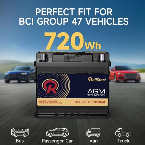 AGM Battery BCI Group 47 (H5) - 12V 60Ah 680CCA Automotive Battery, Deep Cycle Sealed Lead Acid Battery for Start-Stop Vehicles, 105RC High Performance Maintenance-Free Car Battery Brand: Relistart in Saudi Arabia