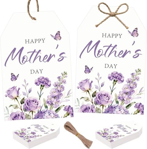 50Pcs Happy Mothers Day Tags with String, 3.3x2.1 Inch Flower Tag with Carnations Butterflies, Mothers Day Gift Labels, Mothers Day Decorations for Party Craft Candy Bag Envelope Favor in Saudi Arabia