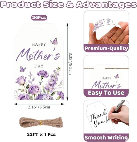 50Pcs Happy Mothers Day Tags with String, 3.3x2.1 Inch Flower Tag with Carnations Butterflies, Mothers Day Gift Labels, Mothers Day Decorations for Party Craft Candy Bag Envelope Favor in Saudi Arabia