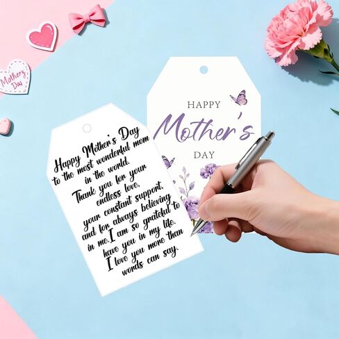 50Pcs Happy Mothers Day Tags with String, 3.3x2.1 Inch Flower Tag with Carnations Butterflies, Mothers Day Gift Labels, Mothers Day Decorations for Party Craft Candy Bag Envelope Favor in Saudi Arabia