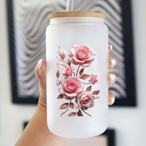 6 Pieces of Pink Rose UV DTF Transfer Stickers, Waterproof, Scratch Resistant, self-Adhesive, Suitable for Decorating Glass Cups, Ceramic Cups, Metal Cups, are DIY Decorations for Various Items. in Saudi Arabia