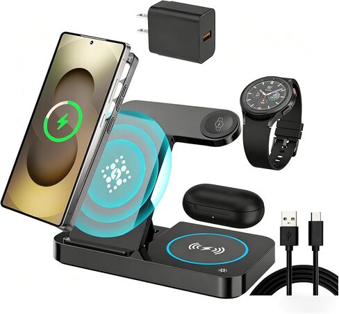 محطة شحن 3 في 1 لهاتف Samsung Android: شاحن هاتف وساعة لاسلكي لهاتف Galaxy S25 Ultra/S24/S23/Z Fold، حامل شاحن لاسلكي لساعة Galaxy Watch 9/8/7/6/5 Earbuds 3/2/Pro (أسود) in Saudi Arabia