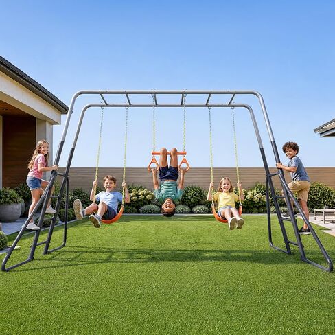 Hapfan Swing Sets for Backyard with Monkey Bars, Trapeze Bar & 2 Belt Swings, Heavy Duty Metal Playground Sets for Kids, Outdoor Jungle Gym Playset (Green & Brown) in Kuwait