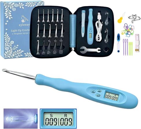 Light Up Crochet Hooks Set with Digital Stitch/Row Counter,18 Interchangeable Hooks (2.0–14.0 mm), Ergonomic Comfort Grip,Dual Light Modes with a Storage Case – A Perfect Gift for Crocheters in Kuwait