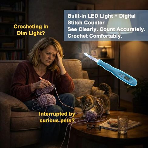 Light Up Crochet Hooks Set with Digital Stitch/Row Counter,18 Interchangeable Hooks (2.0–14.0 mm), Ergonomic Comfort Grip,Dual Light Modes with a Storage Case – A Perfect Gift for Crocheters in Kuwait