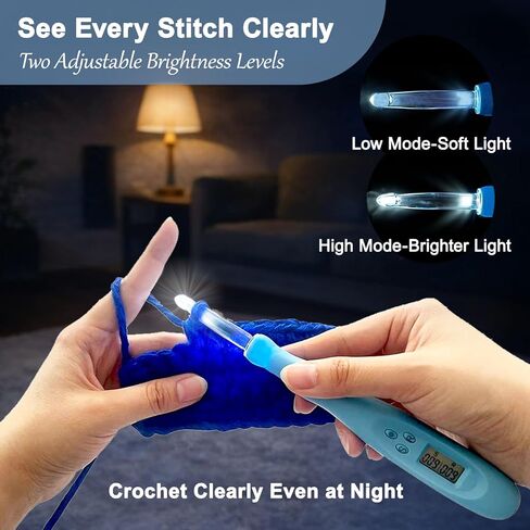 Light Up Crochet Hooks Set with Digital Stitch/Row Counter,18 Interchangeable Hooks (2.0–14.0 mm), Ergonomic Comfort Grip,Dual Light Modes with a Storage Case – A Perfect Gift for Crocheters in Kuwait