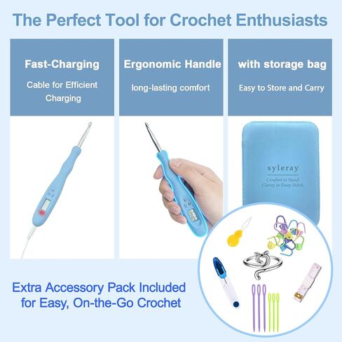 Light Up Crochet Hooks Set with Digital Stitch/Row Counter,18 Interchangeable Hooks (2.0–14.0 mm), Ergonomic Comfort Grip,Dual Light Modes with a Storage Case – A Perfect Gift for Crocheters in Kuwait