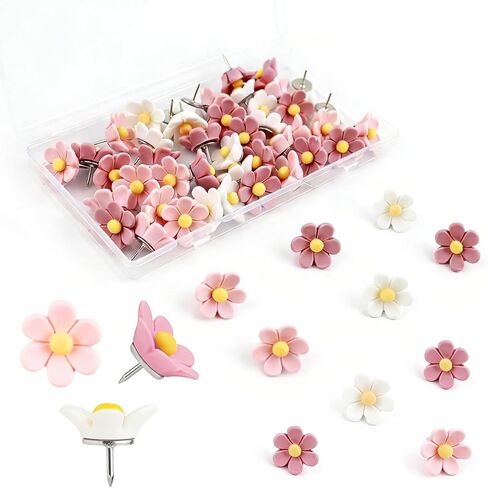 50 Pcs Cute Flower Push Pins in 3 Colors Thumb Tacks for Cork Board Photo Wall Bulletin Board Office Home School Supplies(Pink) in Saudi Arabia