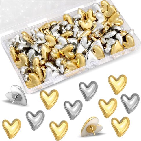 60Pcs Cute Decorative Push Pins Gold Silver Heart Thumb Tacks Pins for Bulletin Board Cork Notice Decor Thumbtacks Supplies for Wall Home Office Posters Photos Postcards Maps Fixing in Saudi Arabia
