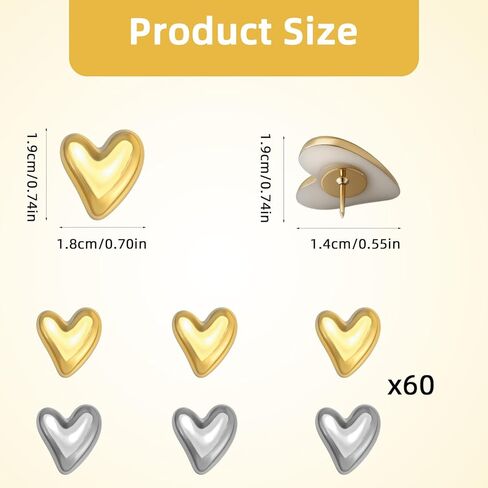 60Pcs Cute Decorative Push Pins Gold Silver Heart Thumb Tacks Pins for Bulletin Board Cork Notice Decor Thumbtacks Supplies for Wall Home Office Posters Photos Postcards Maps Fixing in Saudi Arabia