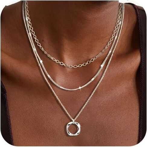 Layered Silver Necklaces for Women, 925 Sterling Silver Stackable Stack Choker Necklaces for Women Trendy Layering Circle Pendant Chain Necklace Set Jewelry Gifts for Women Teen Girls in Saudi Arabia