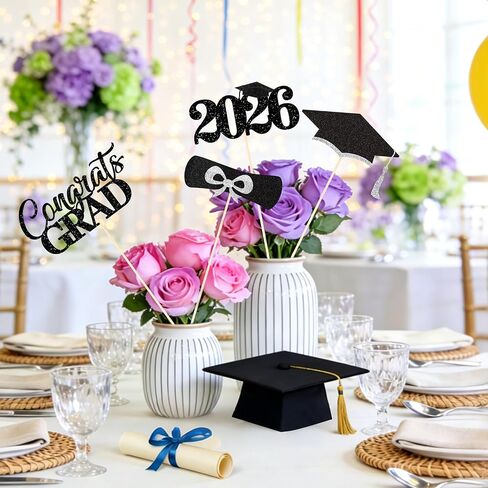 2026 Graduation Decorations - 20 Pcs Class of 2026 Centerpiece Sticks for Graduation Table Decor Party Centerpieces, Graduations Theme Party Decorations Supply 4 Designs - Black-White in Kuwait
