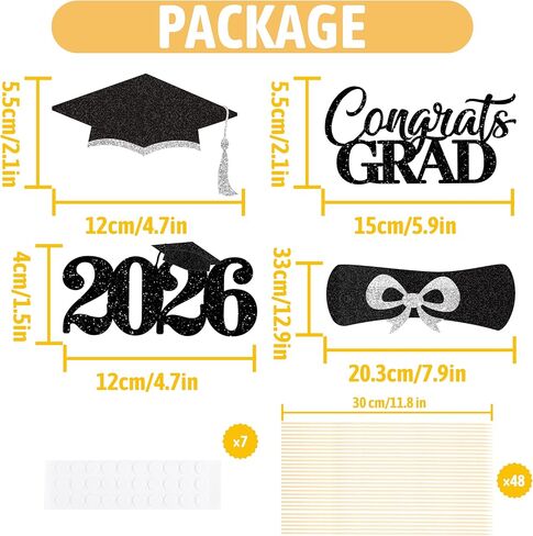 2026 Graduation Decorations - 20 Pcs Class of 2026 Centerpiece Sticks for Graduation Table Decor Party Centerpieces, Graduations Theme Party Decorations Supply 4 Designs - Black-White in Kuwait
