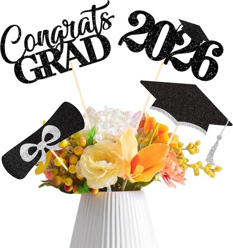 2026 Graduation Decorations - 20 Pcs Class of 2026 Centerpiece Sticks for Graduation Table Decor Party Centerpieces, Graduations Theme Party Decorations Supply 4 Designs - Black-White in Kuwait