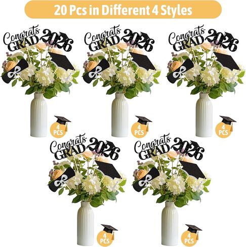 2026 Graduation Decorations - 20 Pcs Class of 2026 Centerpiece Sticks for Graduation Table Decor Party Centerpieces, Graduations Theme Party Decorations Supply 4 Designs - Black-White in Kuwait