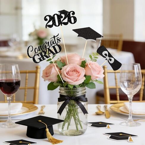 2026 Graduation Decorations - 20 Pcs Class of 2026 Centerpiece Sticks for Graduation Table Decor Party Centerpieces, Graduations Theme Party Decorations Supply 4 Designs - Black-White in Kuwait