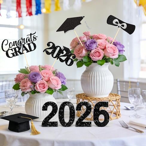 2026 Graduation Decorations - 20 Pcs Class of 2026 Centerpiece Sticks for Graduation Table Decor Party Centerpieces, Graduations Theme Party Decorations Supply 4 Designs - Black-White in Kuwait