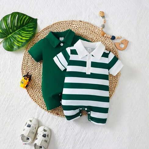 Baby Boy Romper 2 Pack Short Sleeve Polo Style Infant Outfit Solid Green and Stripe One-Piece Baby Outfit in Saudi Arabia