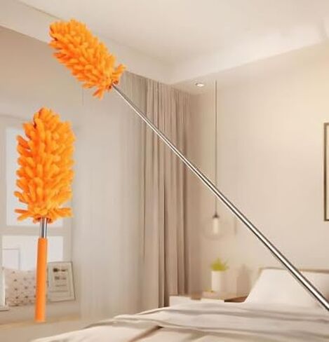 Extendable Microfiber Duster with Pole - Reusable Fan Cleaning Tool for Ceiling, Blades, Windows & Furniture, 360° Swivel Head (Orange) in Kuwait