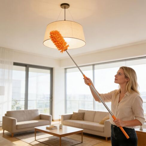 Extendable Microfiber Duster with Pole - Reusable Fan Cleaning Tool for Ceiling, Blades, Windows & Furniture, 360° Swivel Head (Orange) in Kuwait